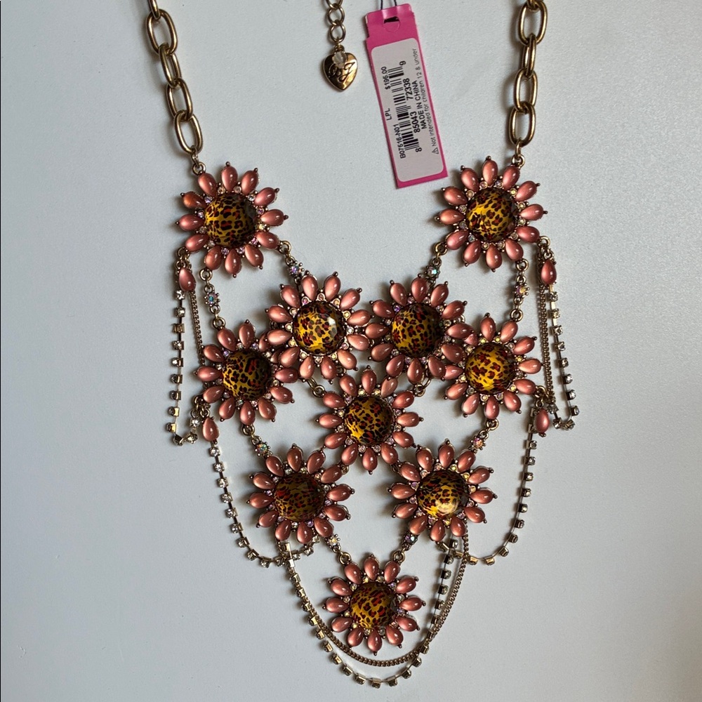 $195 Betsey Johnson Pink Floral Leopard Dripping Rhinestone Necklace